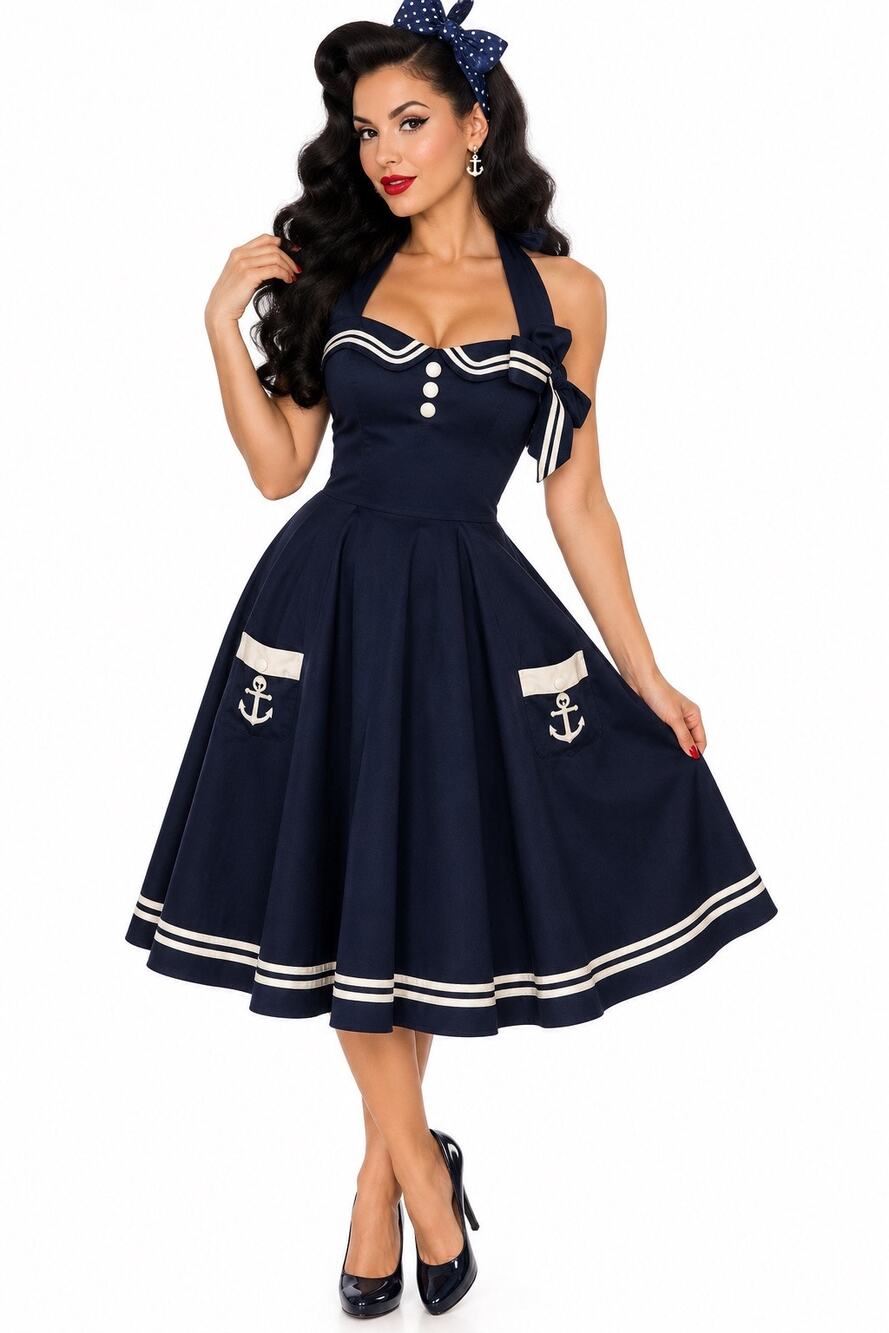 HELL BUNNY ROCKABILLY RETRO NAVY MOTLEY 50s SAILOR DRESS SOCK HOP COSTUME- LARGE